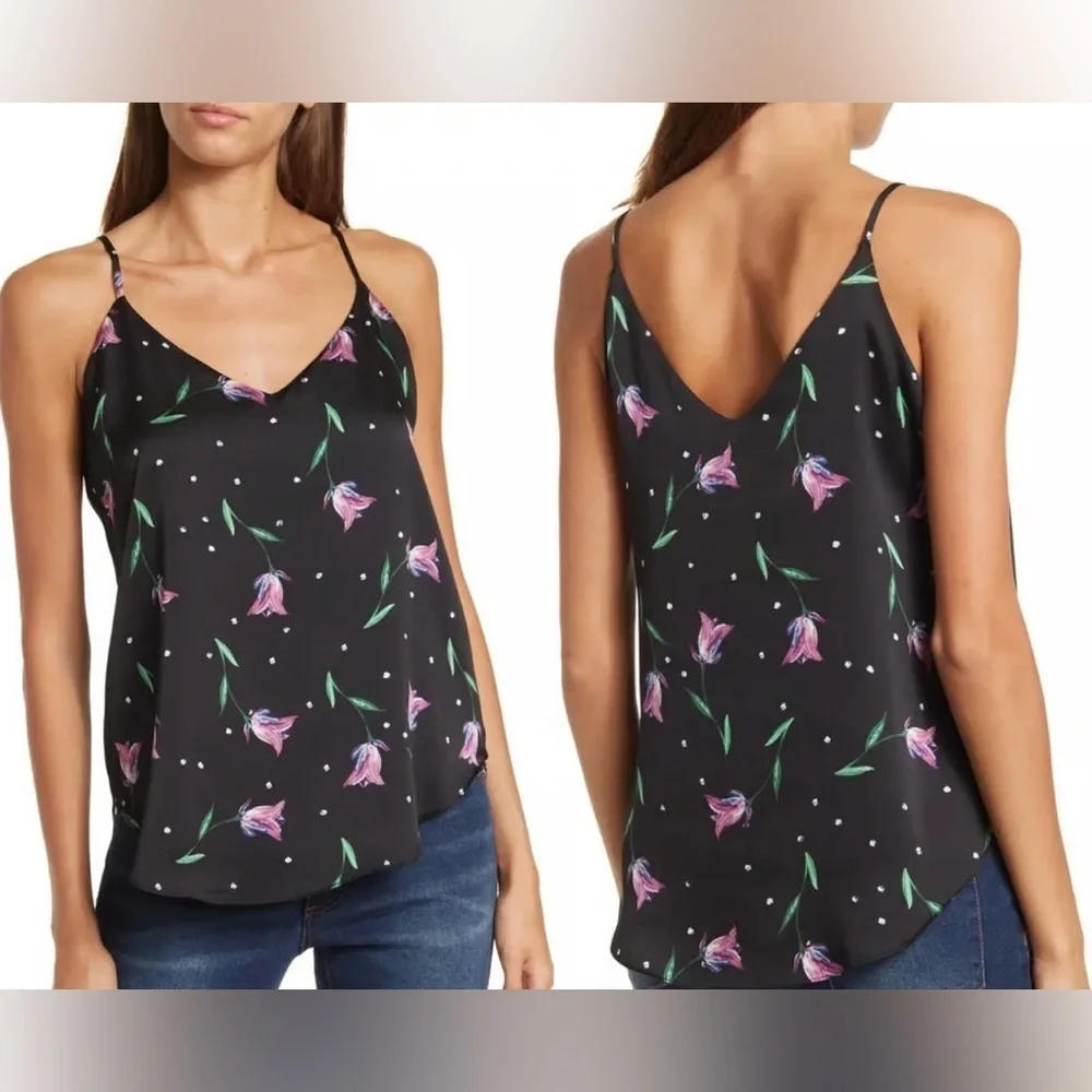 Tahari Floral Satin Cami Top Black Pink Lily Print V-Neck Spaghetti strap (1066)